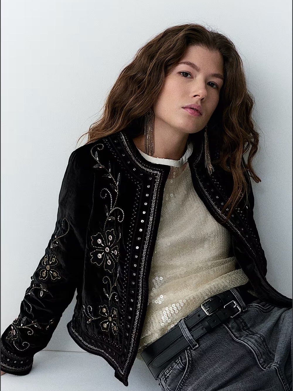 Mark And Spencer Per Una Velvet Embellished Collarless Jacket Sz 18